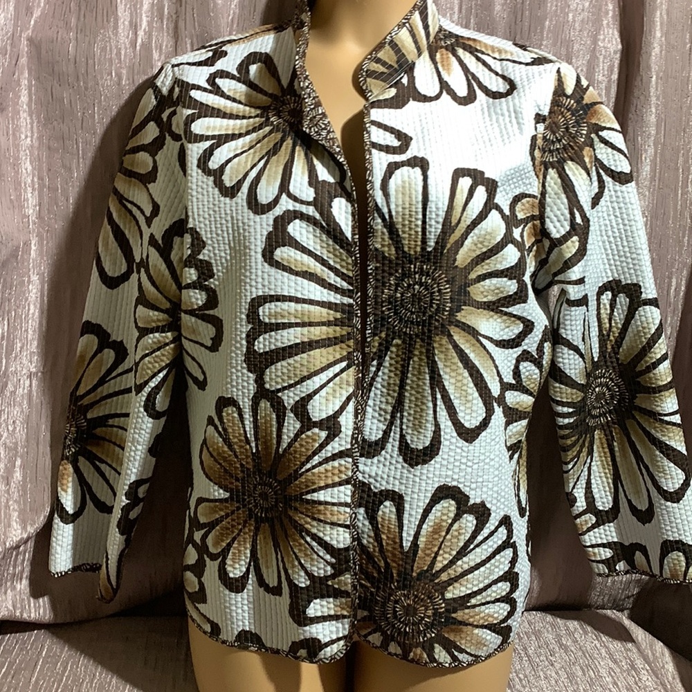 Alfred Dunner Jacket 18 Open Top Floral Brown Cream Reversible Light Weight